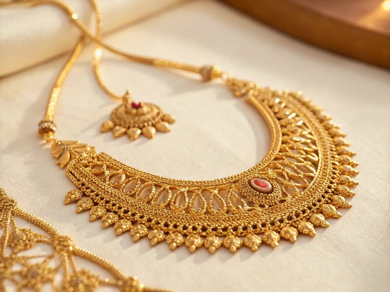 A detailed close-up shot of a handcrafted gold necklace featuring intricate traditional Indian designs, set against a dark velvet background to emphasize its shine and craftsmanship. The necklace is the centerpiece, showcasing the brand's commitment to blending tradition with elegance.