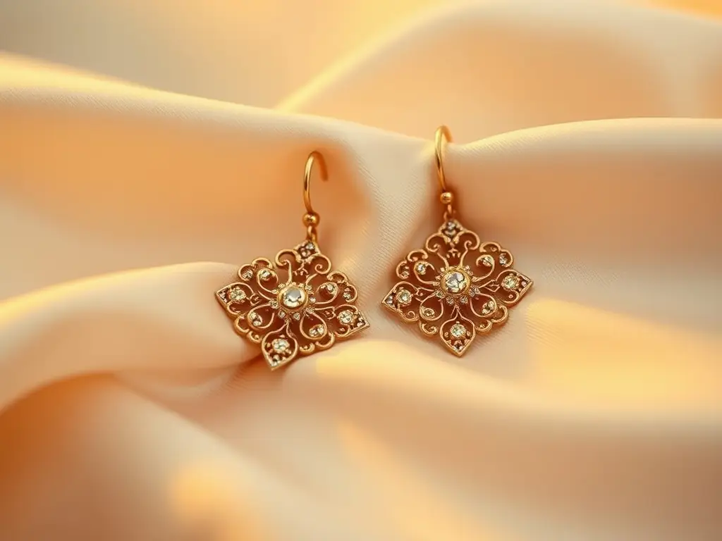 A close-up image of a pair of gold earrings with intricate filigree work, highlighting the detail and craftsmanship. The earrings are displayed on a soft, neutral background to emphasize their design and shine.